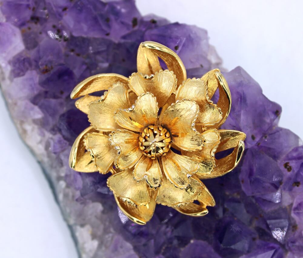 Vintage Corocraft Brushed Gold Tone Floral Brooch